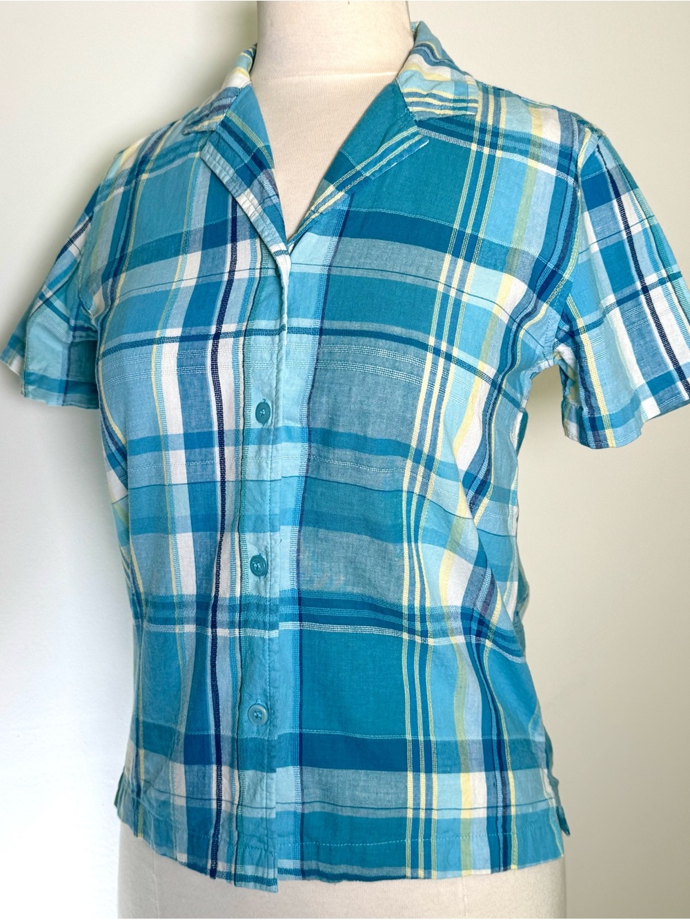 Cabin Creek PS Blue Plaid Camp Shirt 100% Cotton Short Sleeve Summer Casual
